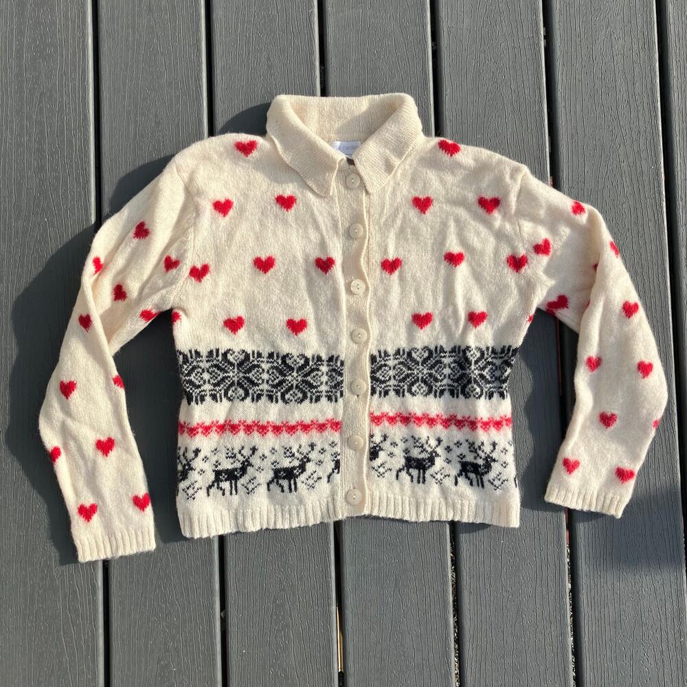 Vintage Pierre Cardin cream wool nordic cardigan with hearts and reindeer